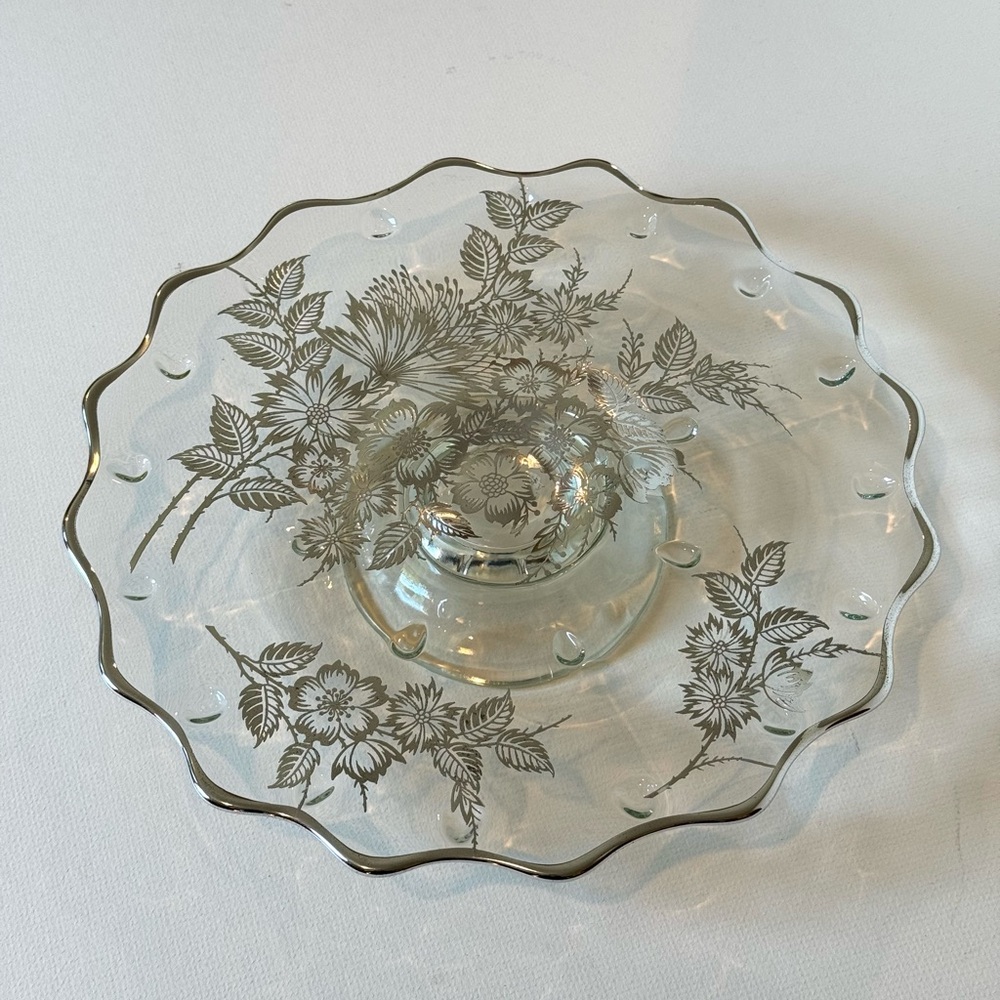 Silver City Flanders Clear Glass Overlay Scalloped Footed Cake Plate 13"
